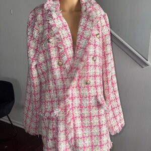 SHEIN Pink & White Tweed Double-Breasted Blazer